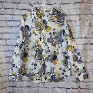 Liz Claiborne Linen Blend Long Sleeve Button Down Floral Top Size Medium